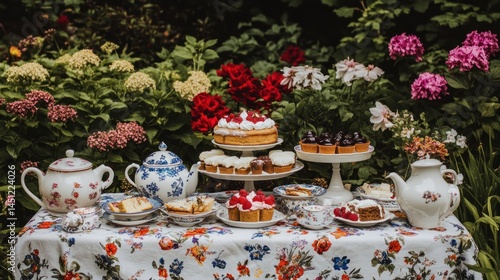 Outdoor garden tea party with tiered cakes and pastries.  A delightful spread of desserts, including cakes, tarts, and pastries, arranged on tiered stands and a table adorned with floral patterns. 