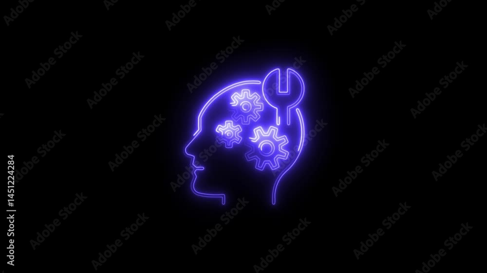 Neon brain mechanism with gears and wrench creative idea Neon brain mechanism with gears and wrench creative idea