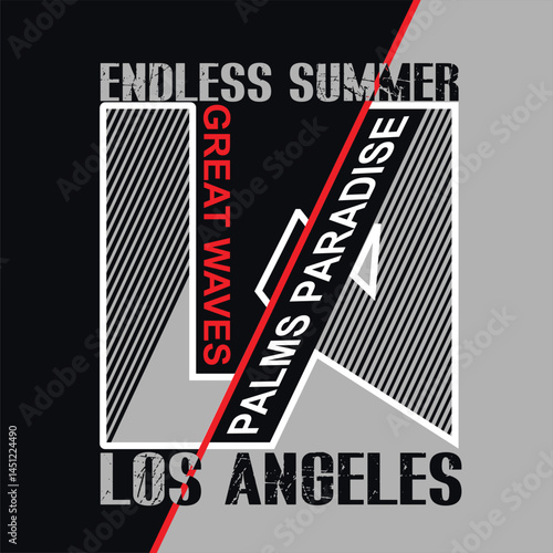 Vector typography design of Los Angeles California beach scene with palm trees and bold summer-themed slogans, featuring motivational words that evoke freedom, sunshine, and a relaxed coastal lifestyl