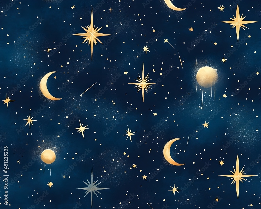 Fototapeta premium Celestial pattern with stars on midnight black backdrop Mystical Astronomy-Inspired Design for Ethereal Visual Artworks