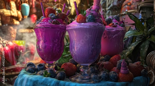 Three vibrant purple desserts, topped with fresh berries and edible flowers, sit on a teal surface.  Surrounded by a market scene, filled with colorful objects and mystic ambiance