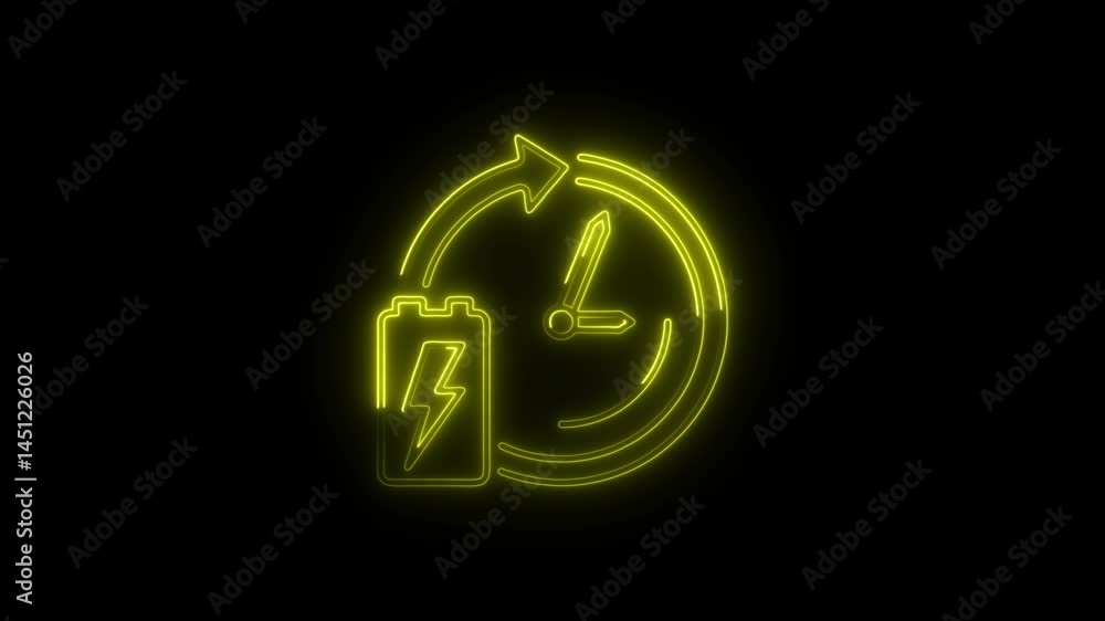 Battery charging time neon style animation on black background Battery charging time neon style animation on black background