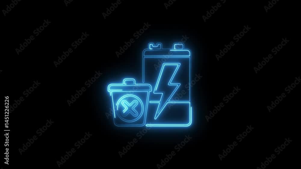 Neon style improper battery disposal symbol animation on black background illustrating recycling guidelines and environmental preservation Neon style improper battery disposal symbol animation on black background illustrating recycling guidelines and environmental preservation