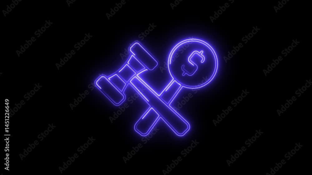 Animated glowing neon auction gavel and dollar symbol on black background digital courtroom finance legal system representation Animated glowing neon auction gavel and dollar symbol on black background digital courtroom finance legal system representation