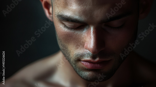 Close-up portrait of a young man with dark hair and smooth skin, showing a contemplative expression with eyes closed, detailed facial features, and soft lighting