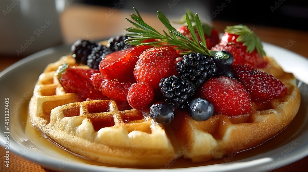 Fresh waffles topped with vibrant mixed berries and maple syrup served on a wooden table Fresh waffles topped with vibrant mixed berries and maple syrup served on a wooden table