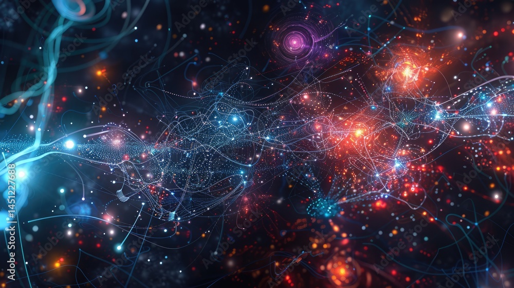 Fototapeta premium Abstract art of digital network with glowing nodes and colorful lights. Digital artwork of glowing networking lines. Technology innovation and data visualization concept for wallpaper, banner. AIG53.