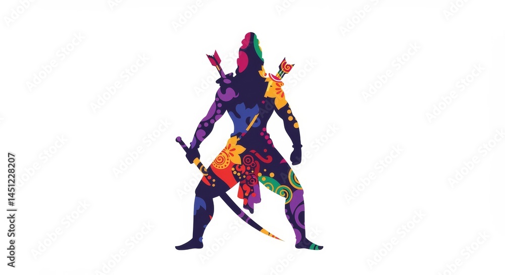 Abstract warrior silhouette with intricate, vibrant, floral patterns design Abstract warrior silhouette with intricate, vibrant, floral patterns design