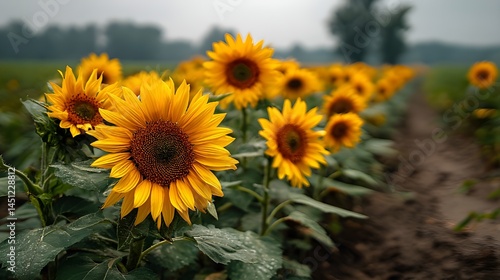 Patch of bright yellow sunflowers flourishing in meadow under clear blue sky embodying vibrant beauty