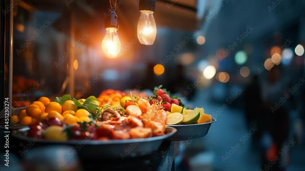 Street food stall at dusk with vibrant array of fruit and seafood. Illuminated by warm bulbs against a blurred urban backdrop creating a lively atmosphere Street food stall at dusk with vibrant array of fruit and seafood. Illuminated by warm bulbs against a blurred urban backdrop creating a lively atmosphere