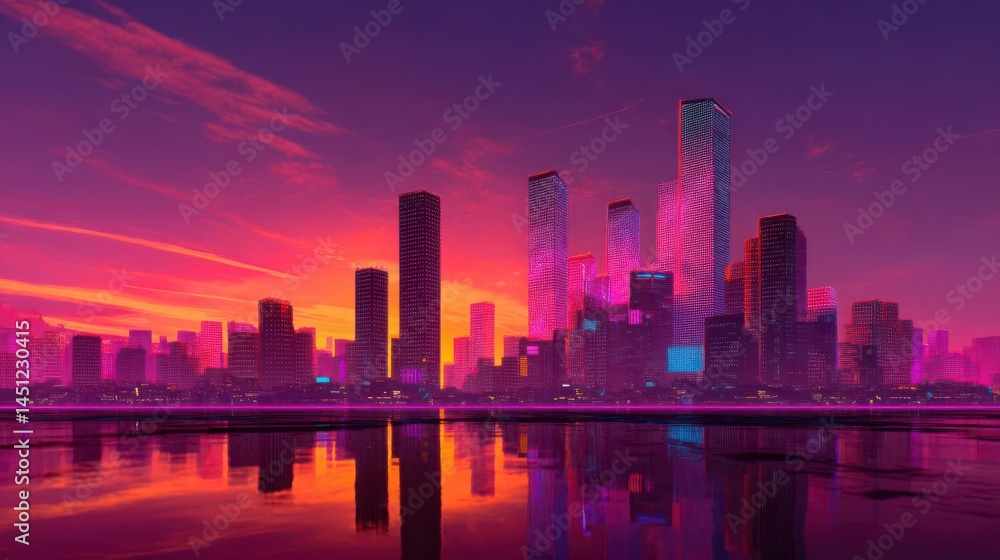 Fototapeta premium Cyberpunk Sunset Skyline with Holographic Buildings and Vibrant Neon Atmosphere Transparent Background