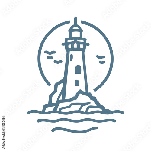 Minimalist Lighthouse Icon on Rocks, Vector Illustration