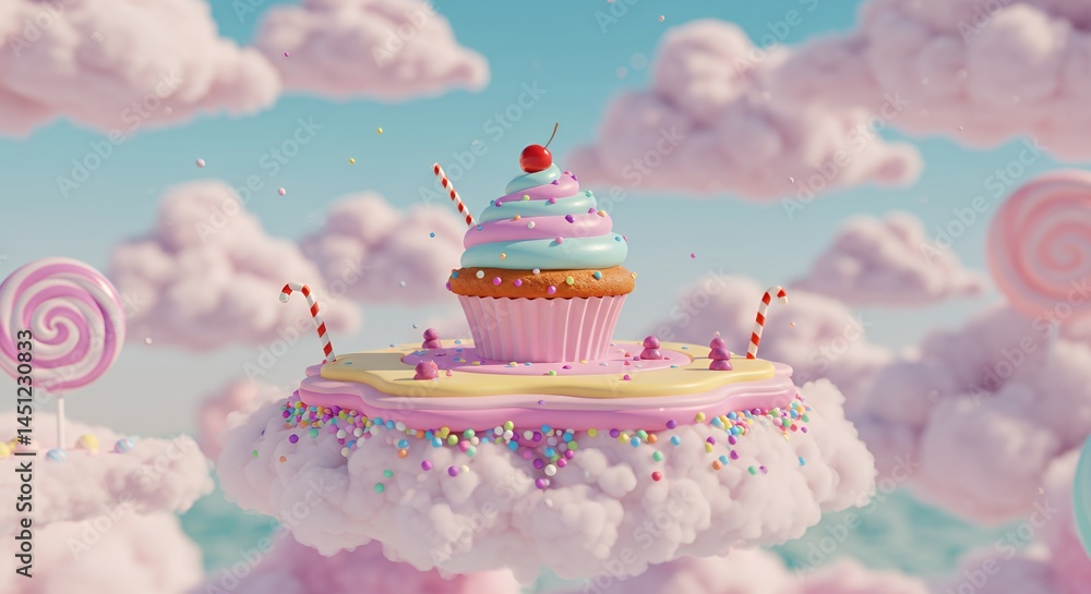 Pastel Cupcake Platform on Rainbow Sprinkle Cloud in Candy-Colored Sky