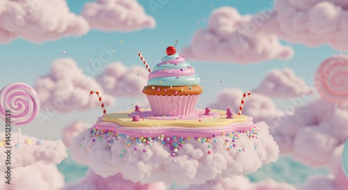 Obraz na płótnie Pastel Cupcake Platform on Rainbow Sprinkle Cloud in Candy-Colored Sky w salonie