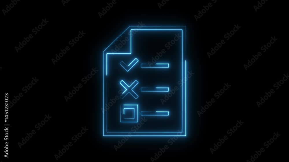 Animated glowing neon checklist with checkmark cross and empty box isolated on black background Animated glowing neon checklist with checkmark cross and empty box isolated on black background