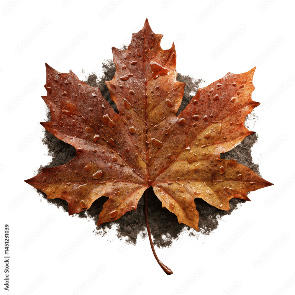 Fototapeta premium Dew-Kissed Autumn Maple Leaf on Ground