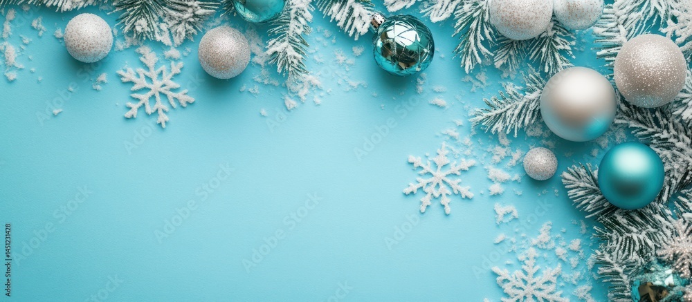 Festive winter composition with turquoise background and Christmas decorations Festive winter composition with turquoise background and Christmas decorations