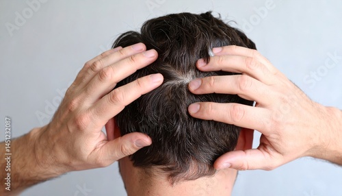 Man Examining Flaky Scalp With Dandruff Close Up View