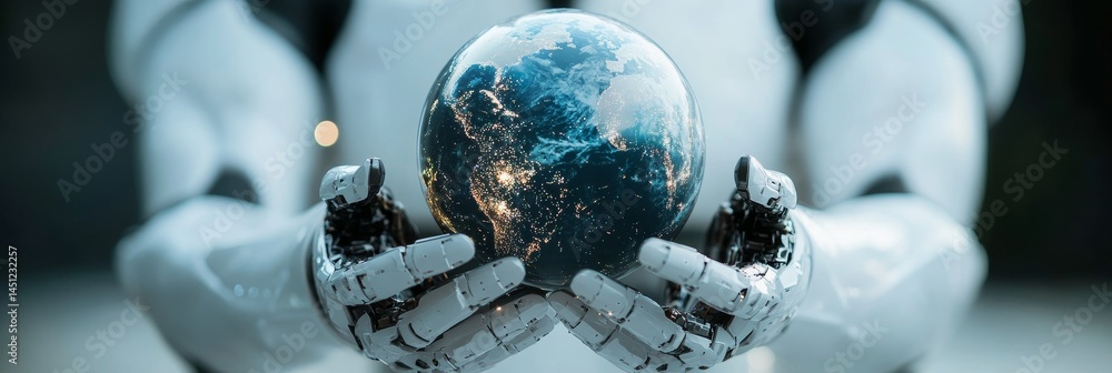 Fototapeta premium Robot Hands Holding Planet Earth, Concept of Artificial Intelligence and Environmental Protection