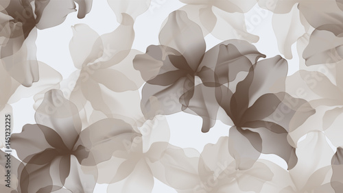 Floral seamless pattern features translucent lily flowers in shades of brown on a soft gray background. The flowers have a painterly, slightly abstract quality