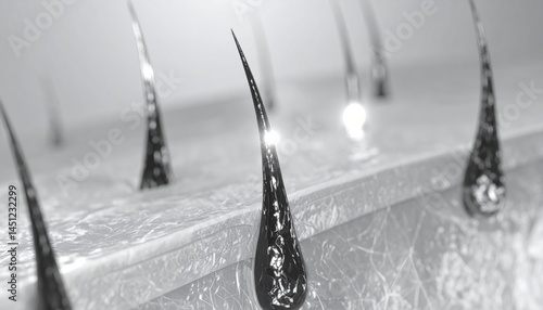Microscopic Close Up Of Scalp Hair Follicles, Detailed Black And White Image