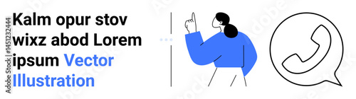 Woman making a gesture beside a phone icon in a speech bubble. Ideal for communication, customer service, support, messaging, contact, networking, and a simple landing page
