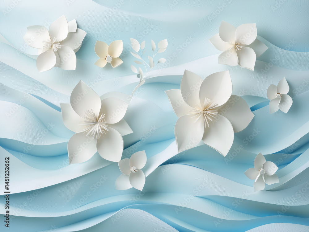 Obraz premium A 3D composition of white pastel paper flowers over soft blue wave-like layers, evoking a calm and dreamy atmosphere.