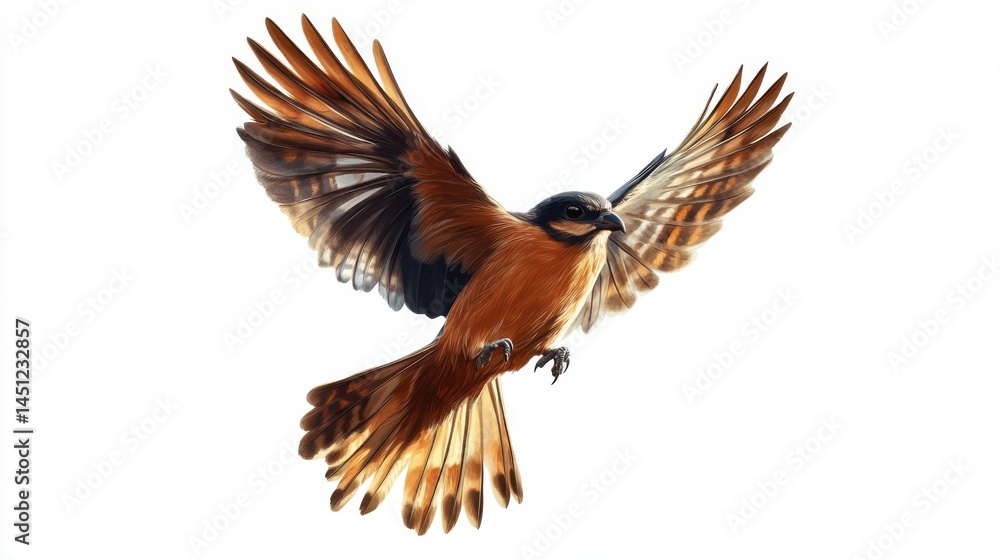 Obraz premium Bird in flight with brown and orange plumage against a white background