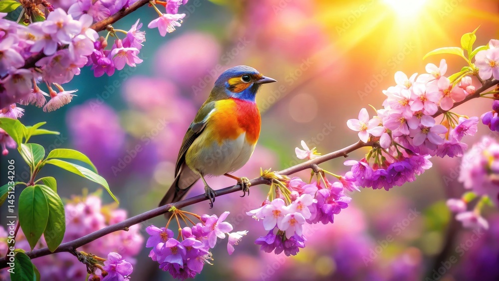 Vibrant colorful bird perches on a delicate branch surrounded by lush purple flowers in full bloom with soft warm sunlight filtering through leaves , bird perch, fauna Vibrant colorful bird perches on a delicate branch surrounded by lush purple flowers in full bloom with soft warm sunlight filtering through leaves , bird perch, fauna