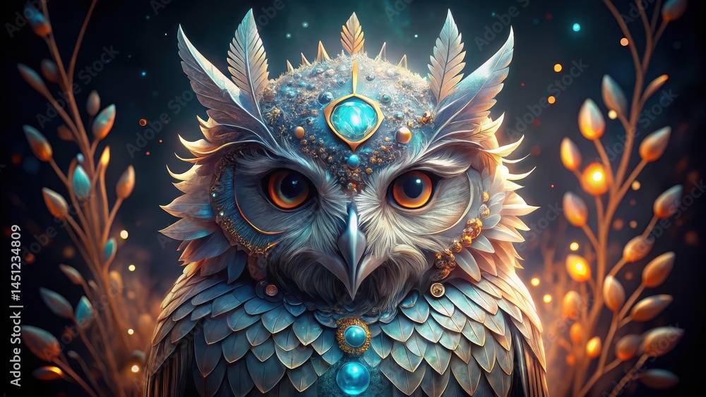 Delicate owl head in crystal style with intricate details and mystical aura , fantasy Delicate owl head in crystal style with intricate details and mystical aura , fantasy