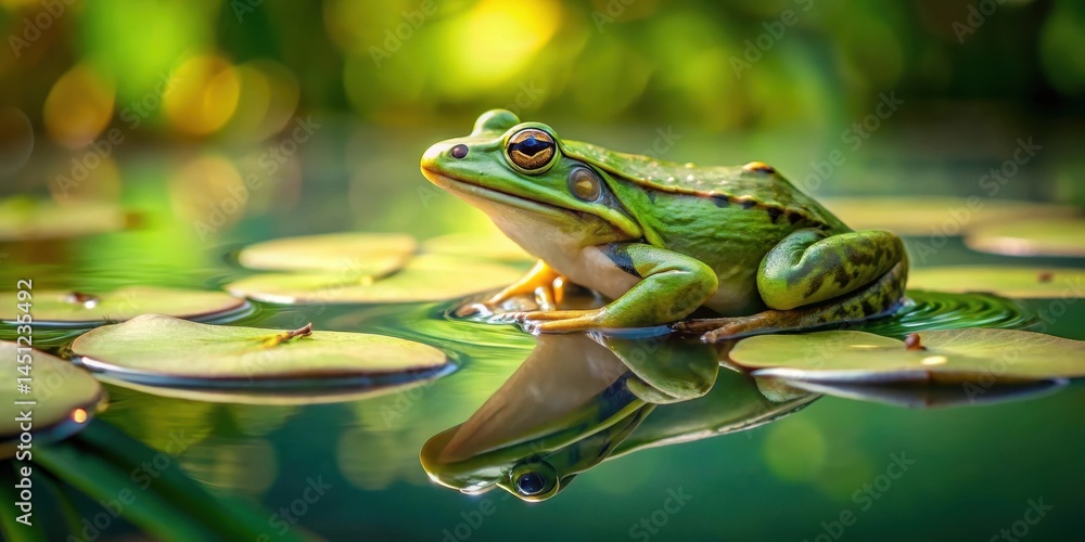 A realistic image of a green frog sitting on a lily pad in a pond, water, wildlife A realistic image of a green frog sitting on a lily pad in a pond, water, wildlife