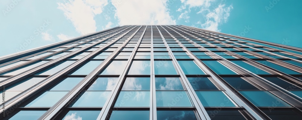 Elevated perspective of a modern skyscraper facade.