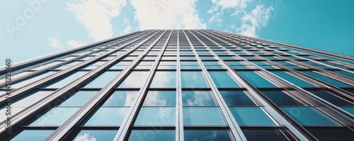 Elevated perspective of a modern skyscraper facade.