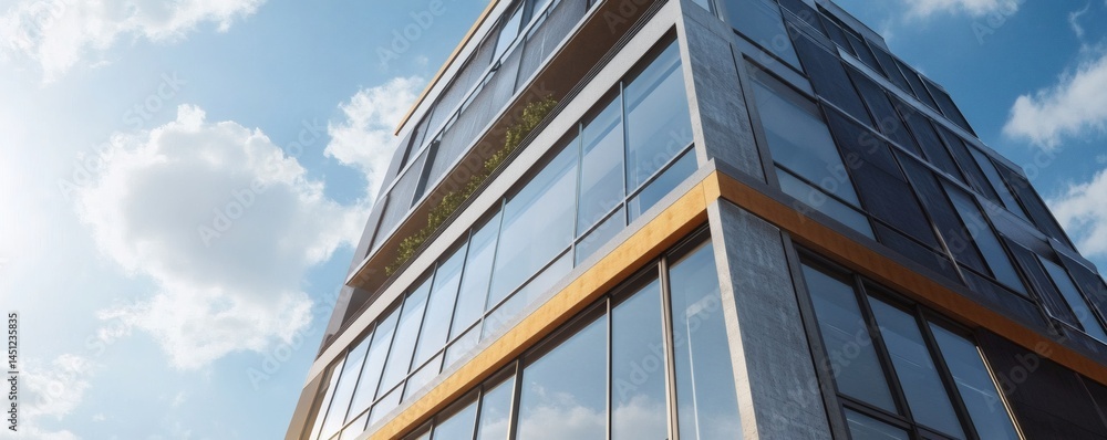 Modern apartment building facade against a partly cloudy sky.