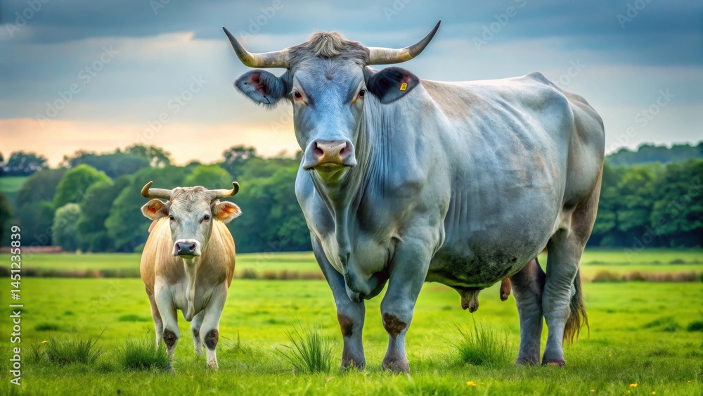 Fototapeta premium Large Belgian Blue cow in a green pasture with a massive bull behind it