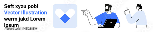 Two people actively discussing ideas alongside a modern abstract icon. Ideal for teamwork, communication, brainstorming, technology, collaboration, creative thinking, and minimal flat landing page