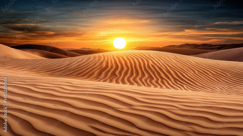 Naklejka premium Golden Desert Sunset Undulating Sand Dunes at Golden Hour
