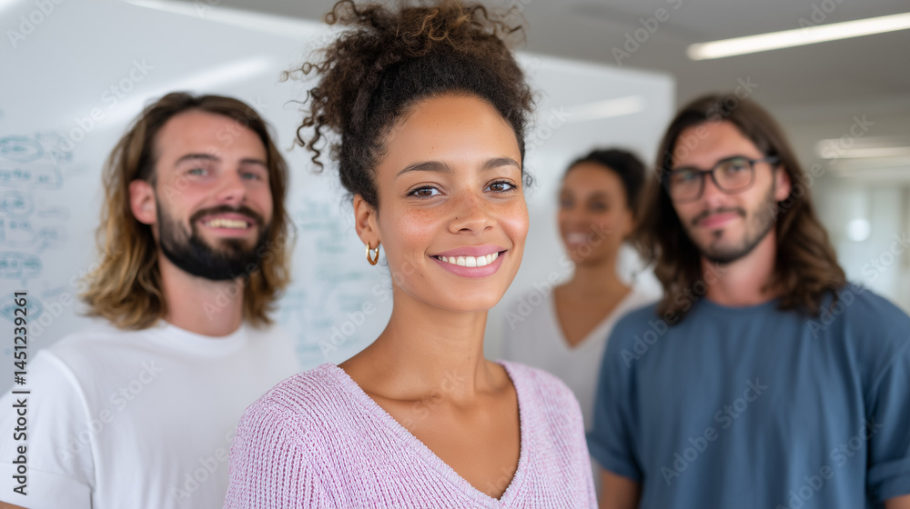 Creative team smiling confidently around a whiteboard Creative team smiling confidently around a whiteboard