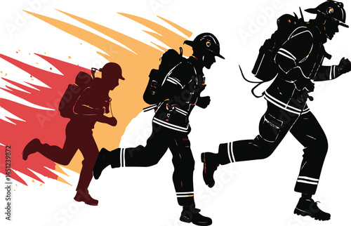 Silhouette Firefighters Running Towards Fire – Bold Vector Illustration of Heroic Action