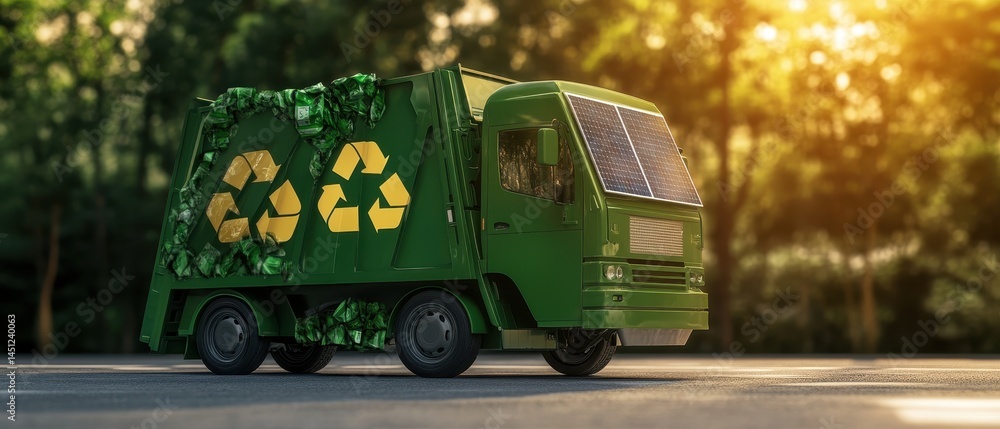 A green recycling truck surrounded by nature, symbolizing eco-friendliness and waste management in a serene outdoor setting.