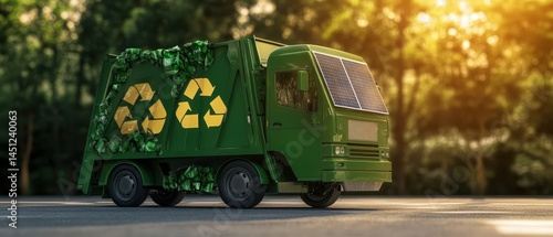 Obraz na płótnie A green recycling truck surrounded by nature, symbolizing eco-friendliness and waste management in a serene outdoor setting. w salonie
