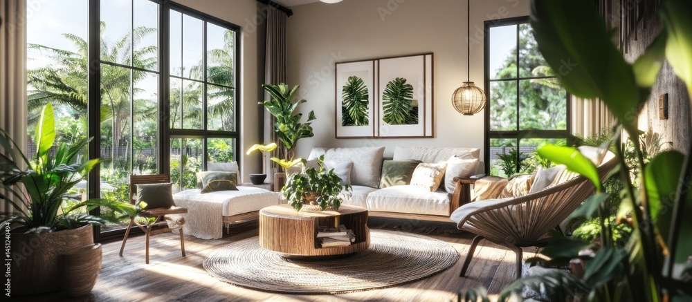 a sunlit bohemian living space radiates tranquility with lush greenery framing a comfortable sofa and an inviting lounge chair promoting relaxation and connection with nature a sunlit bohemian living space radiates tranquility with lush greenery framing a comfortable sofa and an inviting lounge chair promoting relaxation and connection with nature