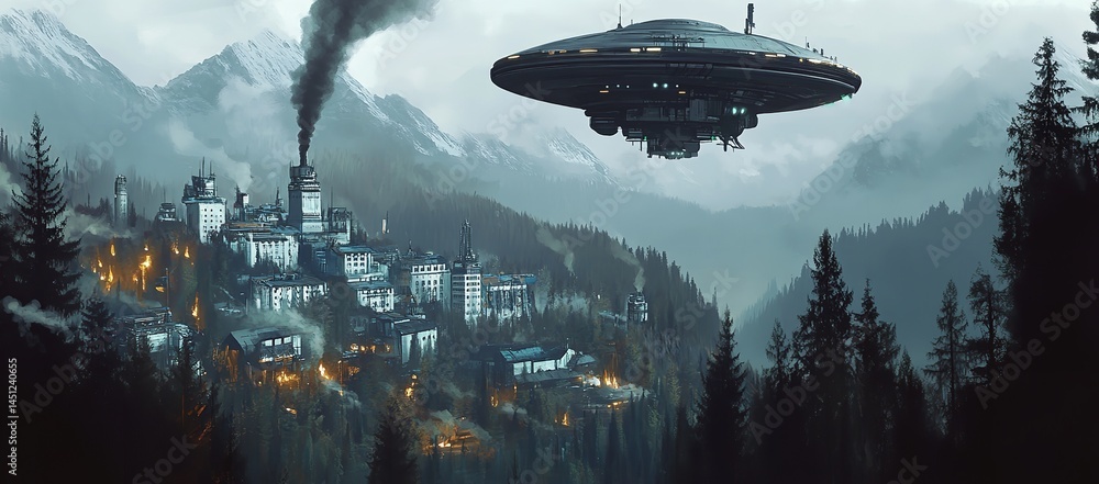 Futuristic Spaceship Over Mountain Town Dark Scenery Digital Painting Artwork UFO Fog City Gray Blue Futuristic Spaceship Over Mountain Town Dark Scenery Digital Painting Artwork UFO Fog City Gray Blue