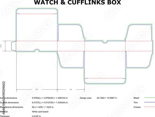 Watch And Cufflinks Box Packaging Design Template Diagram With Dimensions And Technical Details