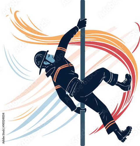 Dynamic Silhouette Firefighter Climbing with Outstretched Arm – Comic-Style Action Illustration