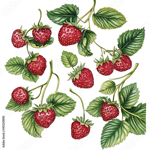 Strawberries with leaves isolated on white background