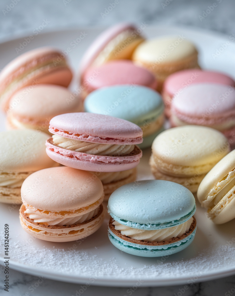Fototapeta premium Pastel Macarons on White Plate — Hyper-Detailed Dessert Still Life for Bakery and Lifestyle Branding