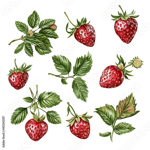 Strawberries with leaves isolated on white background