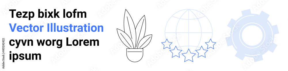 Potted plant, globe with stars, gear combine nature, global connectivity, innovation. Ideal for growth, teamwork, global networks, sustainability success technology flat landing page banner Potted plant, globe with stars, gear combine nature, global connectivity, innovation. Ideal for growth, teamwork, global networks, sustainability success technology flat landing page banner