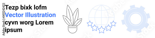 Potted plant, globe with stars, gear combine nature, global connectivity, innovation. Ideal for growth, teamwork, global networks, sustainability success technology flat landing page banner